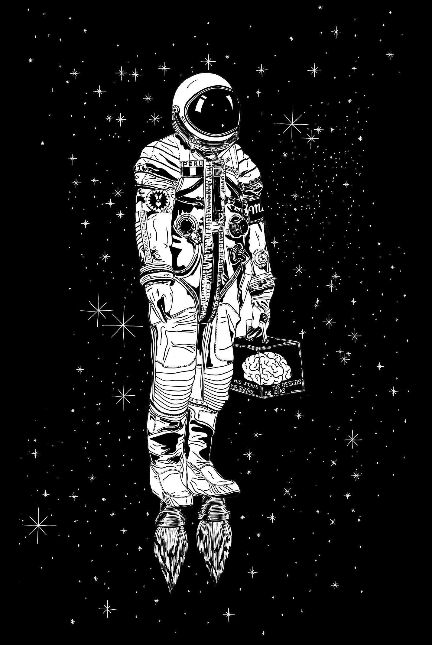Dessin d'Aurelyen astronaute dans l'espace croquis sketch noir et blanc inspiration rêve d'enfant