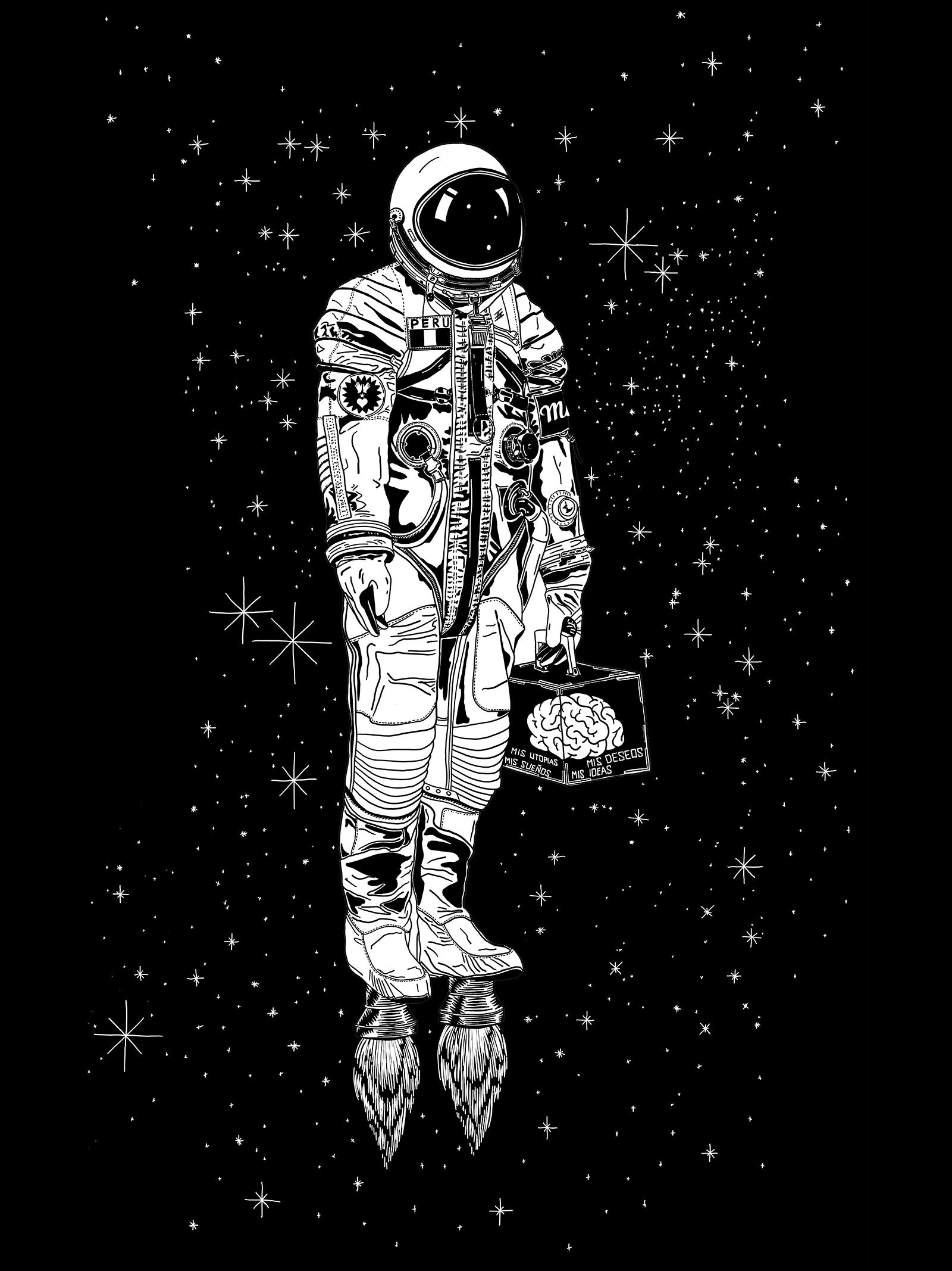 Dessin d'Aurelyen astronaute dans l'espace croquis sketch noir et blanc inspiration rêve d'enfant