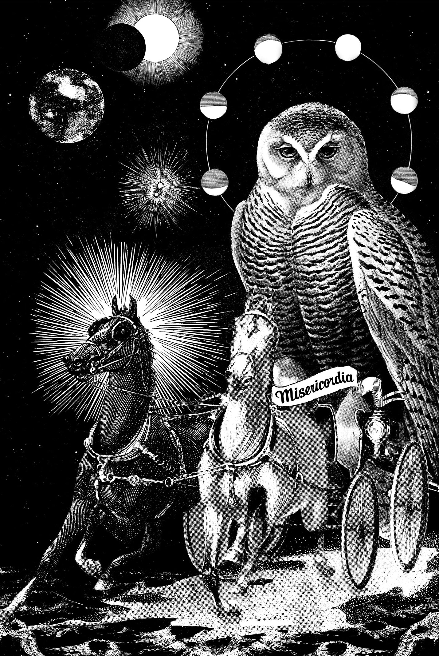 Graphisme dessin unique par designer Aurelyen hiboux cheval, inspiration onirique cosmique