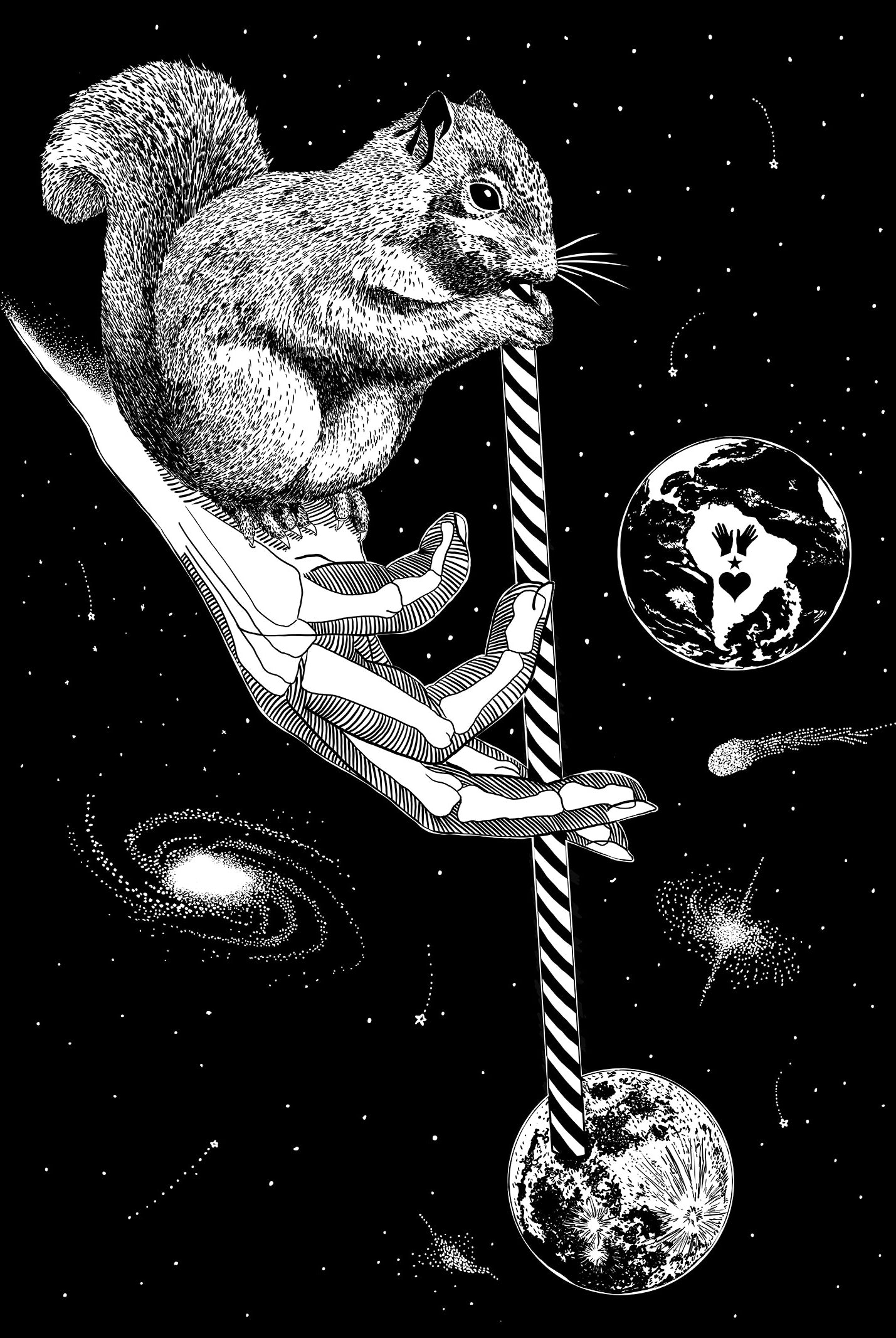 Illustration Misericordia écureuil dans l'espace main humaine noir et blanc