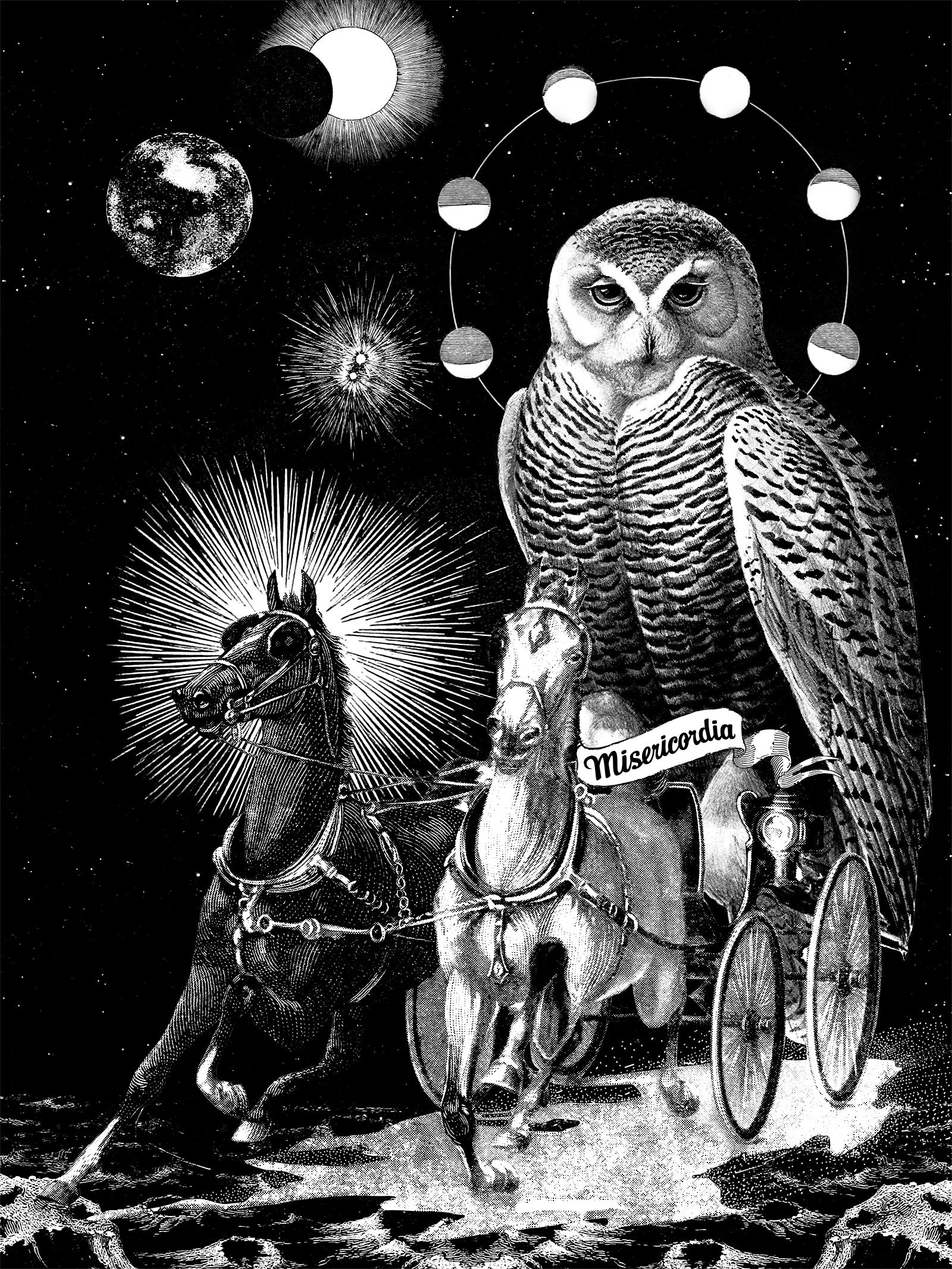 Graphisme dessin unique par designer Aurelyen hiboux cheval, inspiration onirique cosmique 