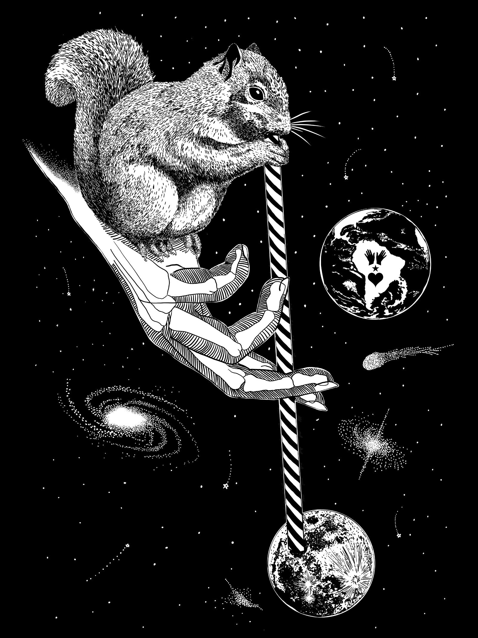 Illustration Misericordia écureuil dans l'espace main humaine noir et blanc