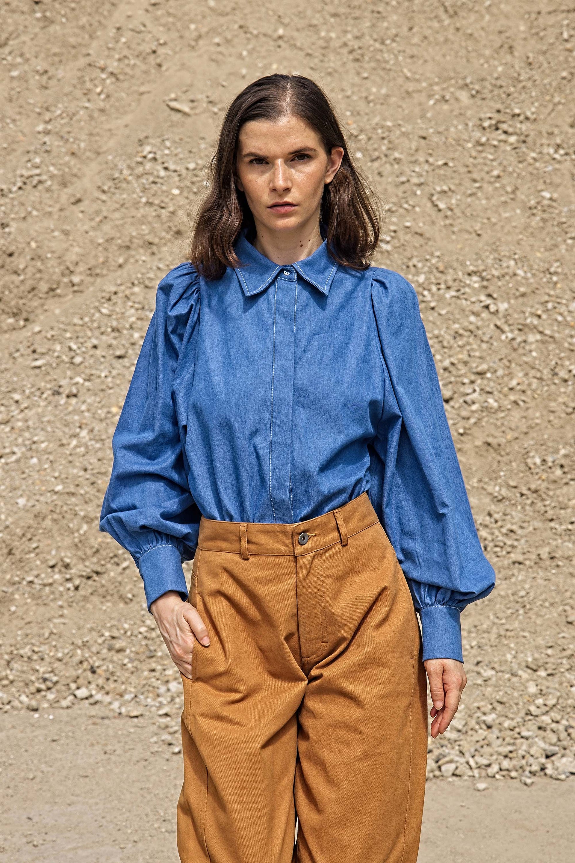 Azalea Women's Shirt Puff Sleeve Denim Misericordia