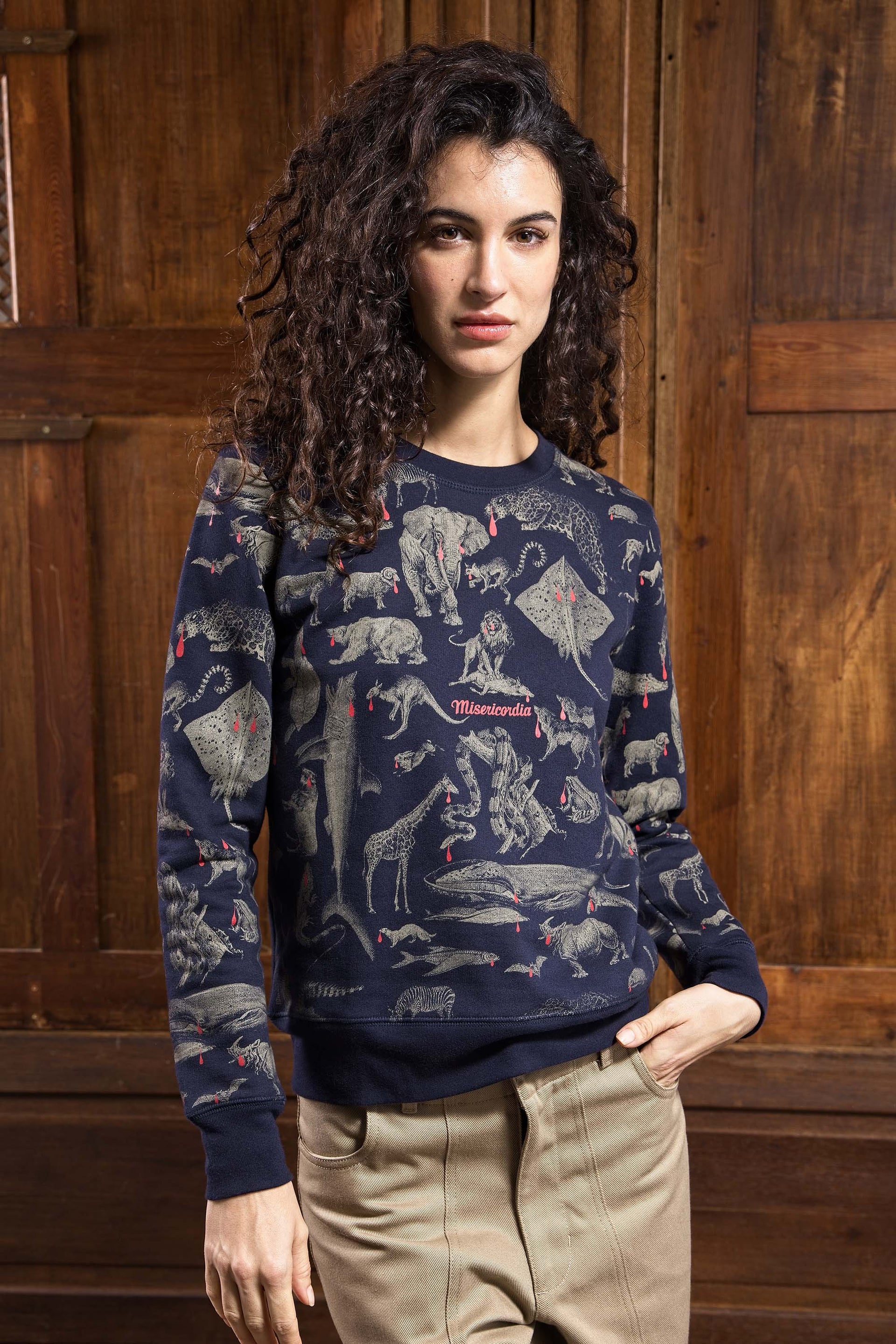 Sweat-shirt femme bleu marine imprimé en coton avec motifs animaux