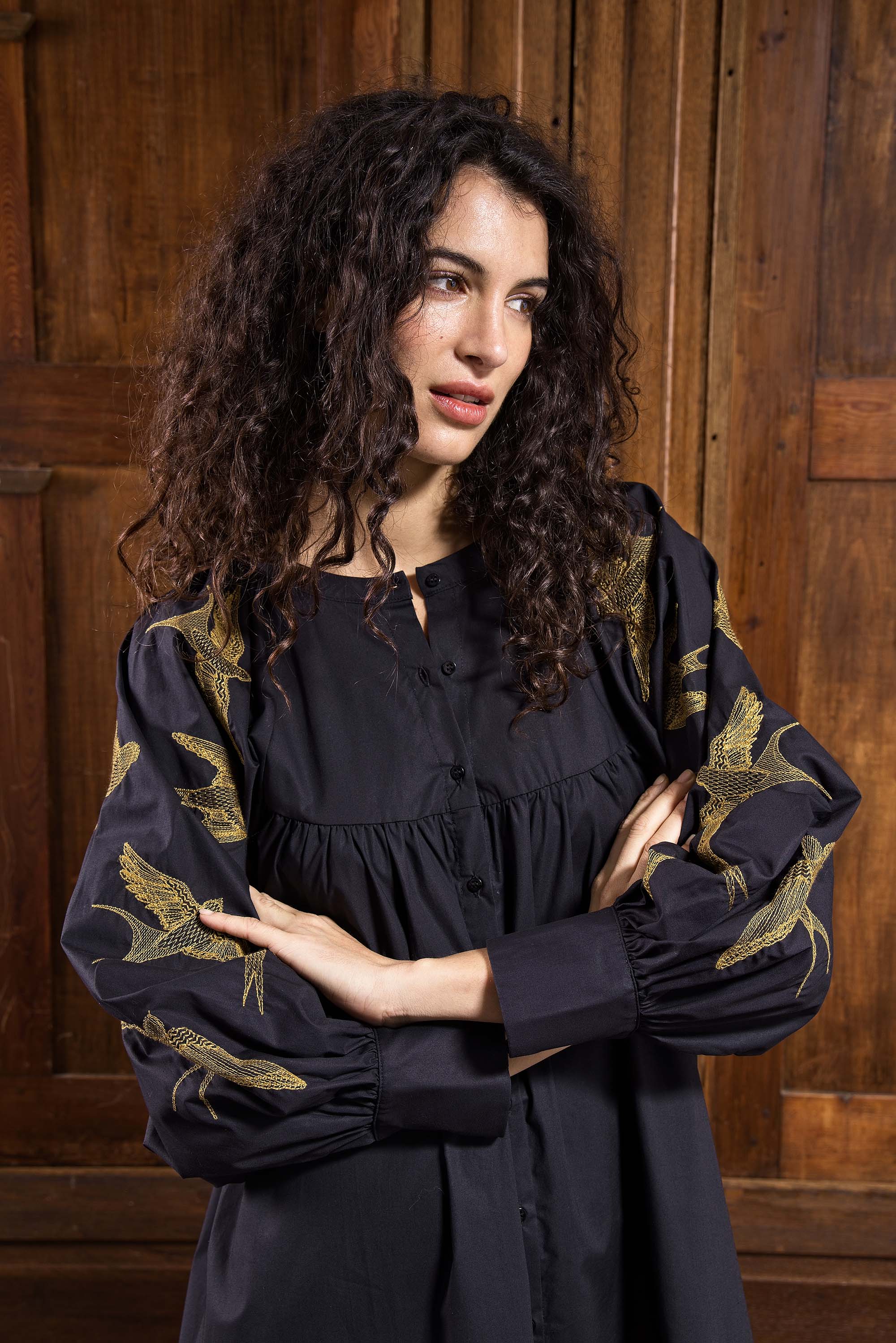 Robe Longue Doria Noir Femme Brodee Oiseaux Misericordia