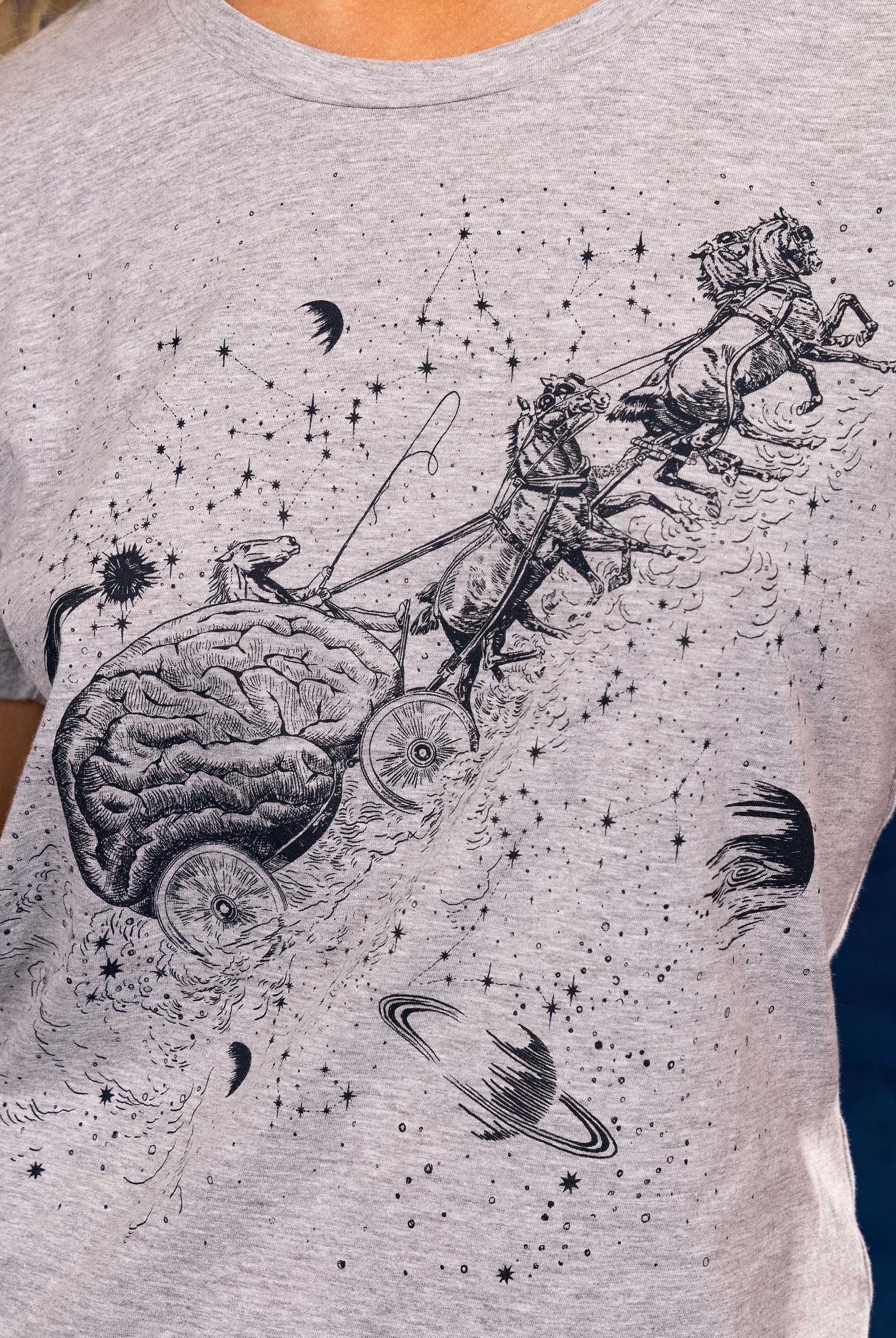 Tee-Shirt Medallon Constelacion Gris mode graphique, ligne féminine et légèrement rétro, motifs arty