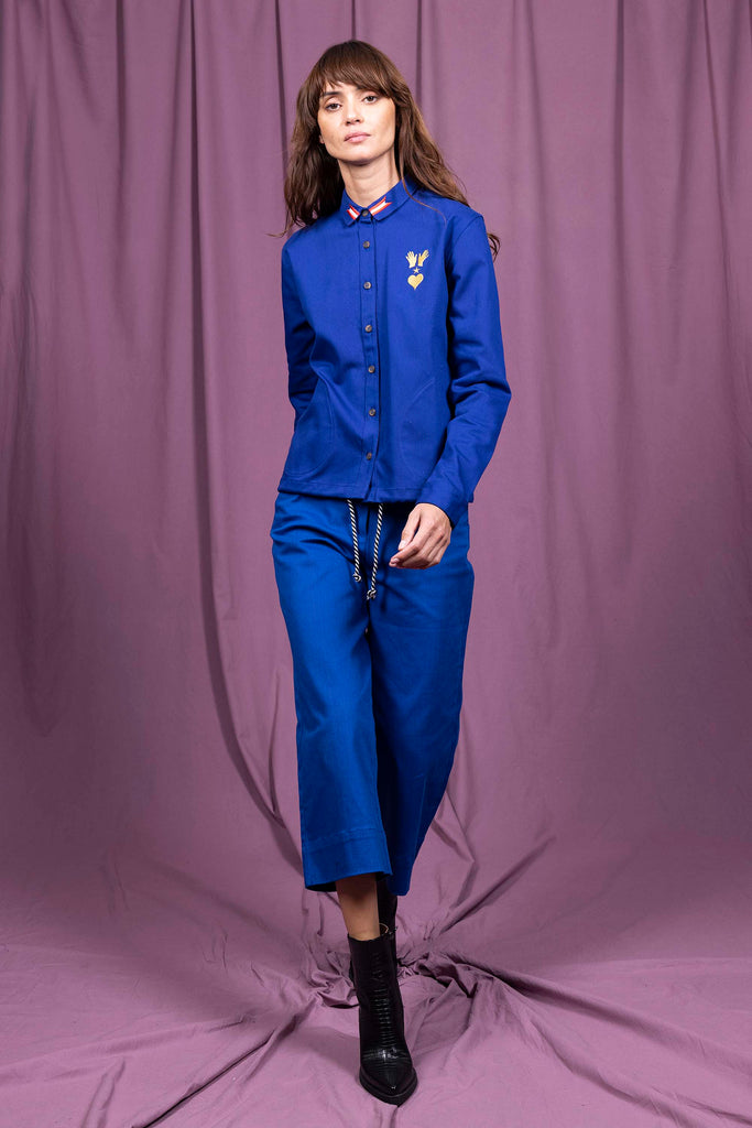 Pantalon Cristina Bleu pantalon femme au charme romantique pour l'ensemble d'une tenue