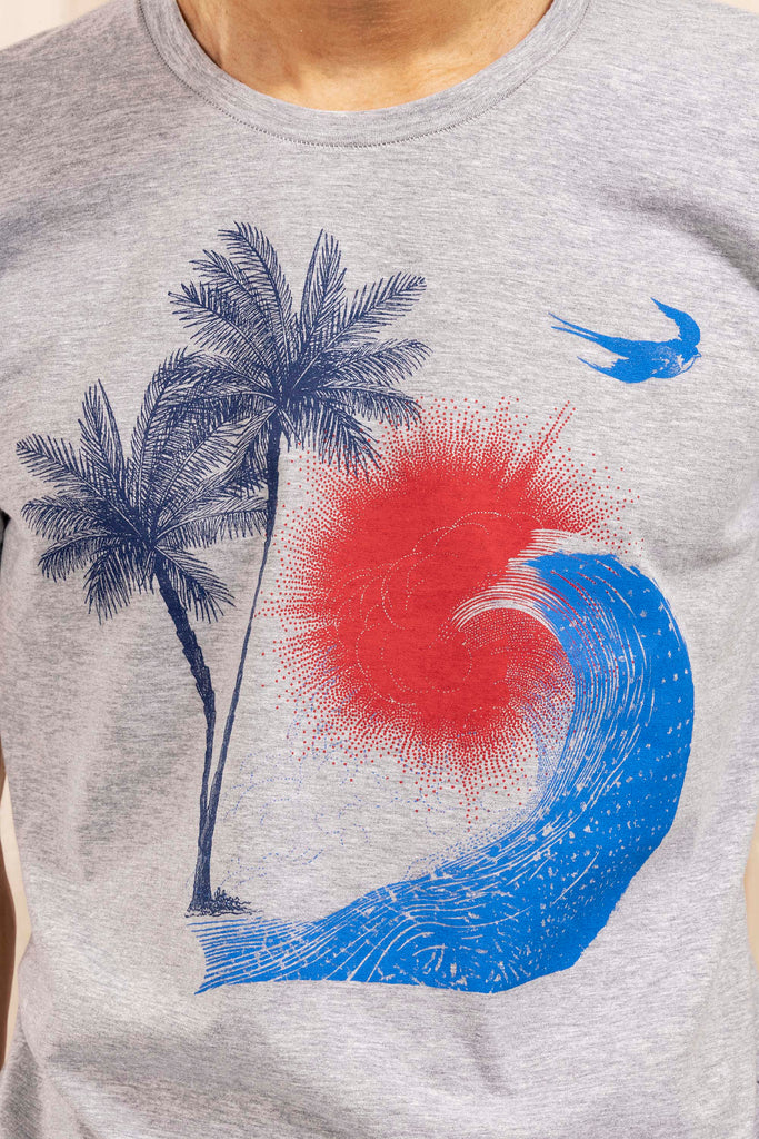 T-Shirt Querido Palmera Gris t-shirts manches courtes, 100% coton naturel, toucher agréable