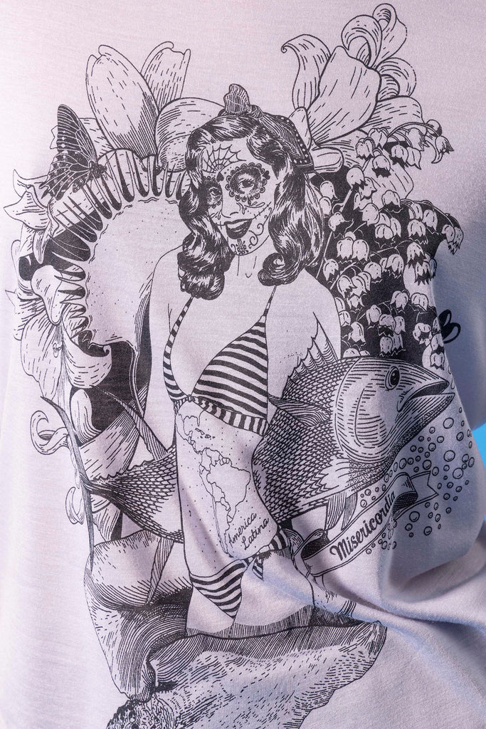T-shirt Medallon Sirena Argent mode graphique, ligne féminine et légèrement rétro, motifs arty