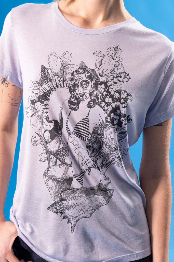 T-shirt Medallon Sirena Argent mode graphique, ligne féminine et légèrement rétro, motifs arty