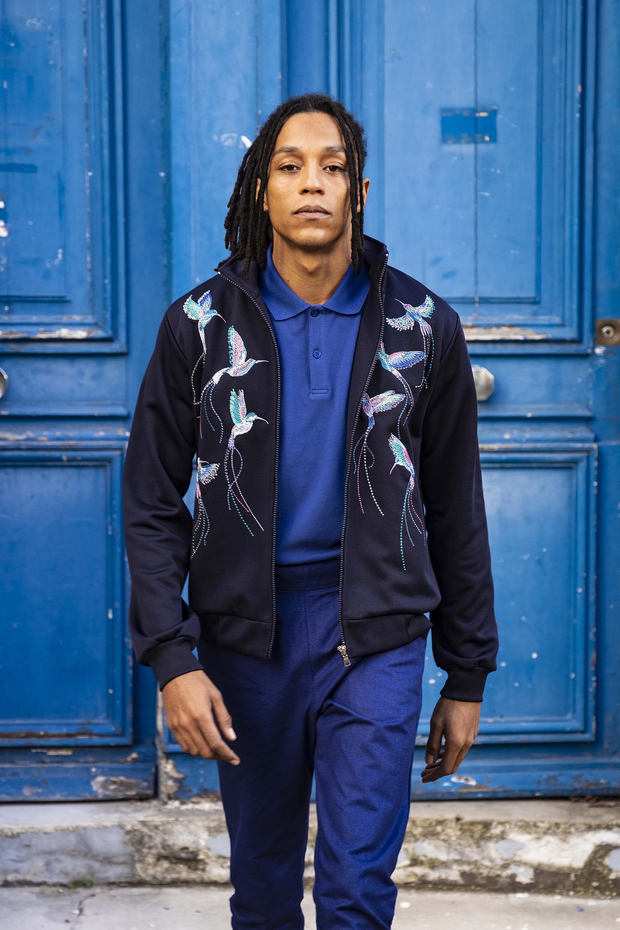 Colibri Embroidered High Collar Sports Jacket Navy Blue for Men